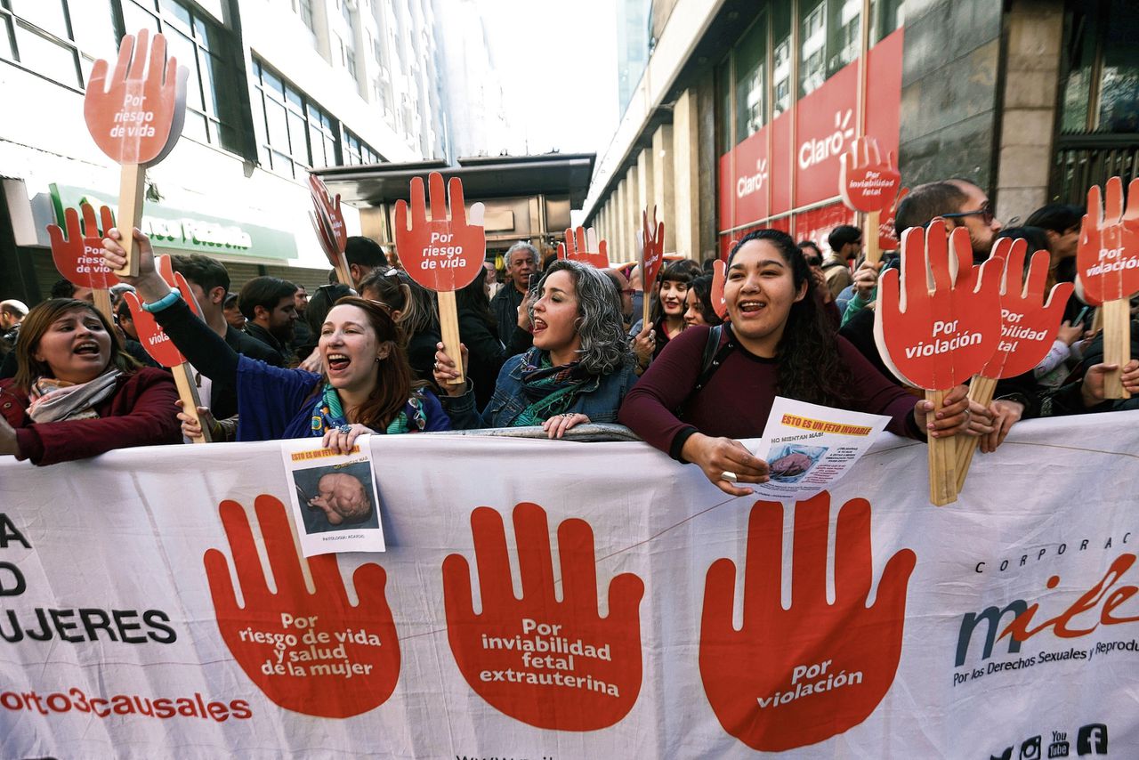 Demonstratie voor abortus in de Chileense hoofdstad Santiago in augustus.