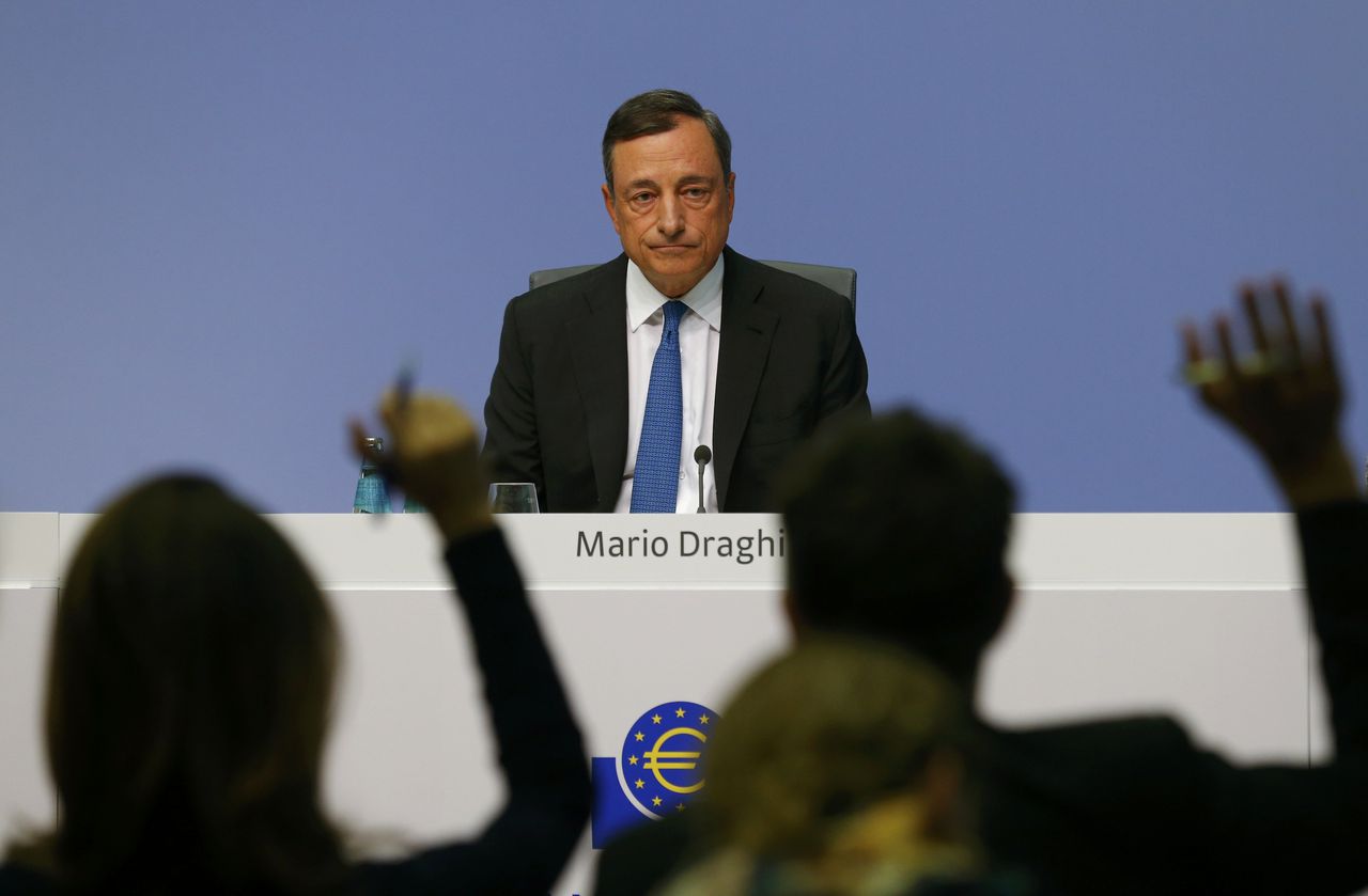 Mario Draghi voorafgaand aan zijn persconferentie in Frankfurt.