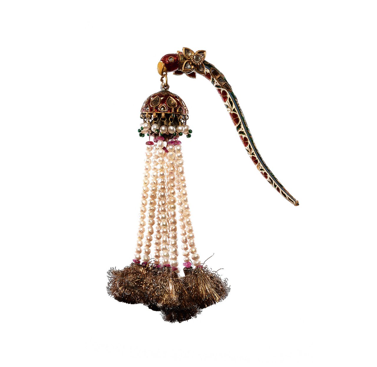 Negentiende-eeuws tulbandjuweel (een zogeheten turrah), uit Rajasthan, Jaipur. Gemaakt van goud, diamanten, robijnen, parels en email.
