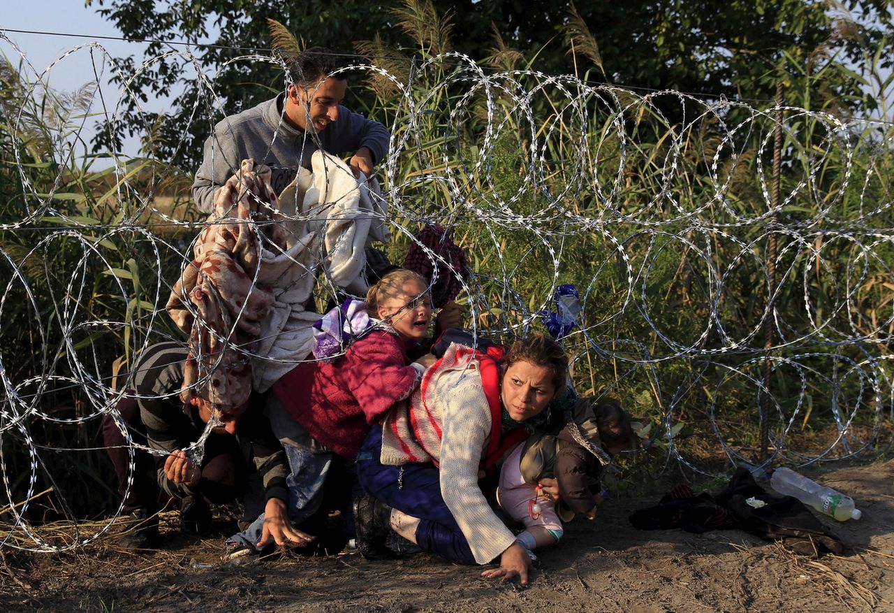Syrische vluchtelingen steken de grens tussen Servië en Hongarije over in 2015.