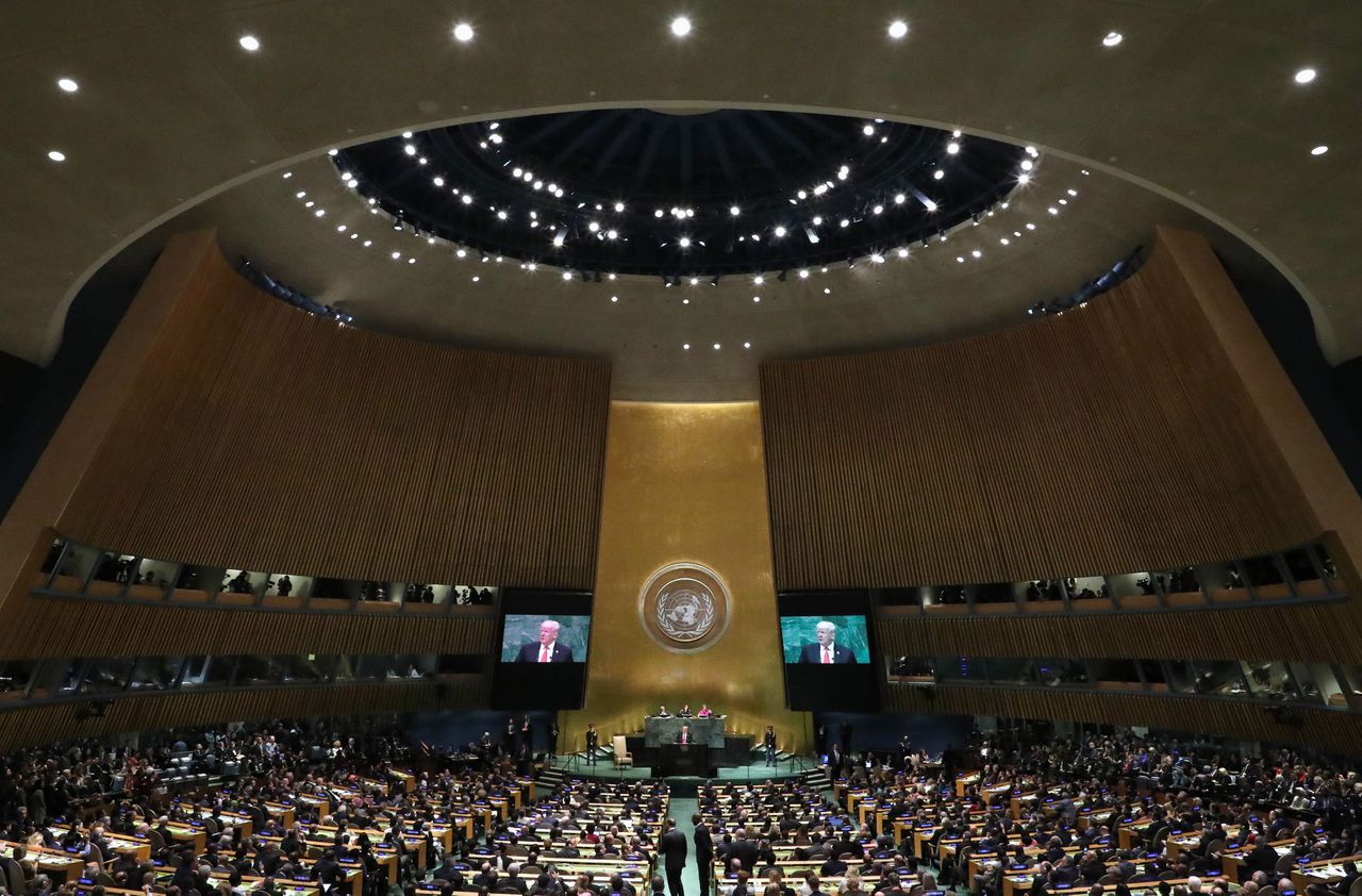 De Amerikaanse president Donald Trump bij de openingsweek van de Algemene Vergadering van de Verenigde Naties.