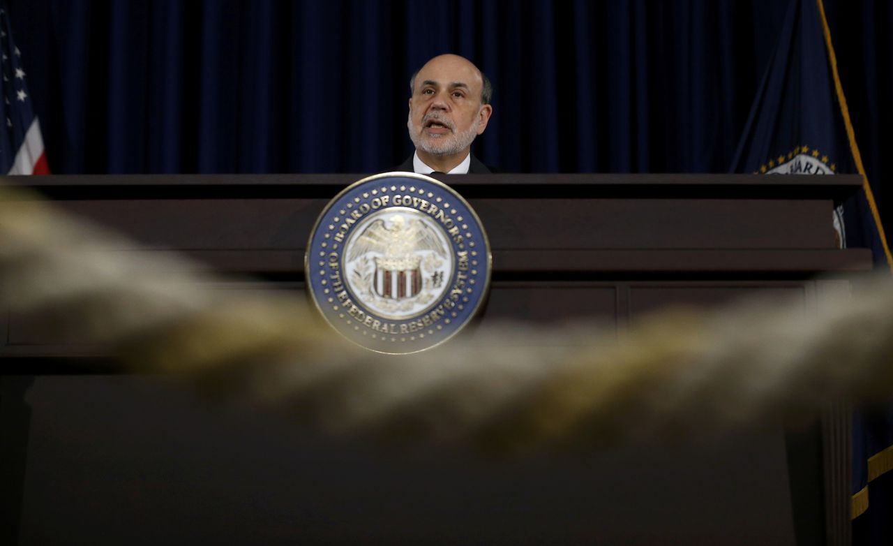 Voorzitter van de FED, Ben Bernanke, op een persconferentie over de verklaring van de Amerikaanse centrale bank.