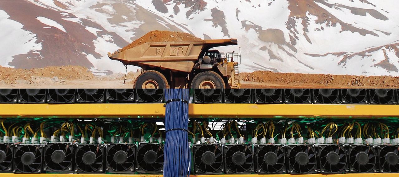Boven: truck met goud- en zilvererts in een mijn in de Argentijnse provincie San Juan. Onder: delfcomputers aan het werk op een ‘bitcoinfarm’ in Quebec, Canada.