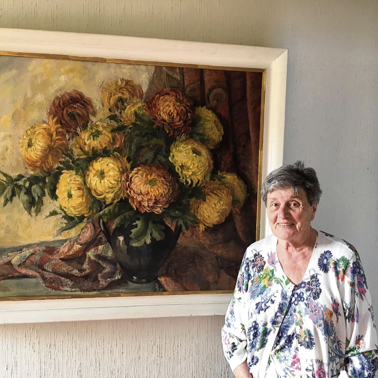Maria Crollet (84) kreeg een schilderij (1,06 m. hoog, 1,26 m. breed) cadeau.