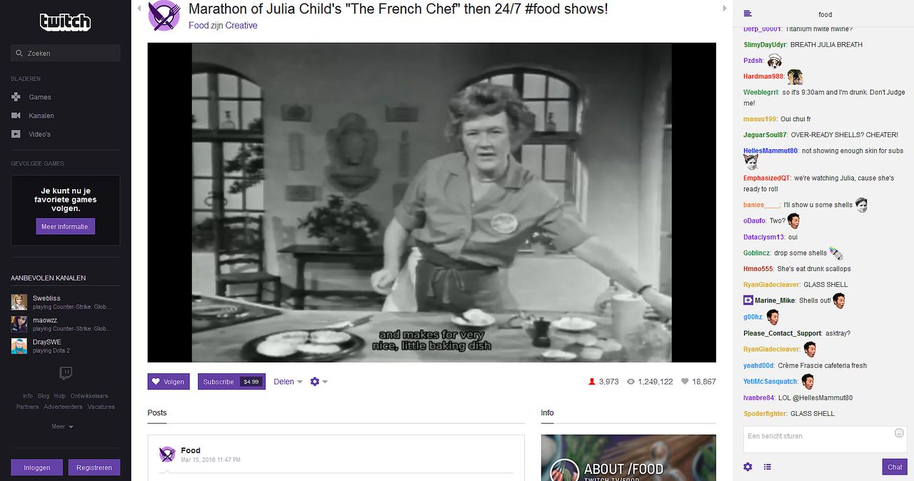 Een aflevering van The French Chef met Julia Child op Twitch.