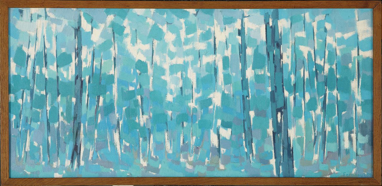 Mistig bos (1959) van Edgar Fernhout, olie op doek, 46,3 cm bij 99 cm