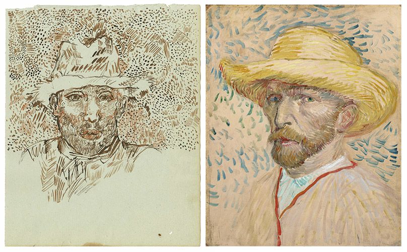 Van Gogh schilderde in de Provence zes of zeven zelfportretten. Dit zou het eerste getekende zelfportret uit die periode zijn. Omdat zijn linkeroor nog aan zijn hoofd zit, en omdat hij met stippen en streepjes de zomerhitte heeft verbeeld, is dit portret volgens Welsh in de zomer gemaakt, het jaargetijde dat Van Gogh ook in de plantsoenen en op de oogstvelden van Arles werkte. Het geschilderde zelfportret met strohoed, uit 1887, hangt in het Van Gogh Museum.