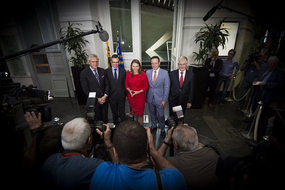 De leiders van de Vlaamse partijen bij de persconferentie over de formatie van een nieuwe Vlaamse regering.