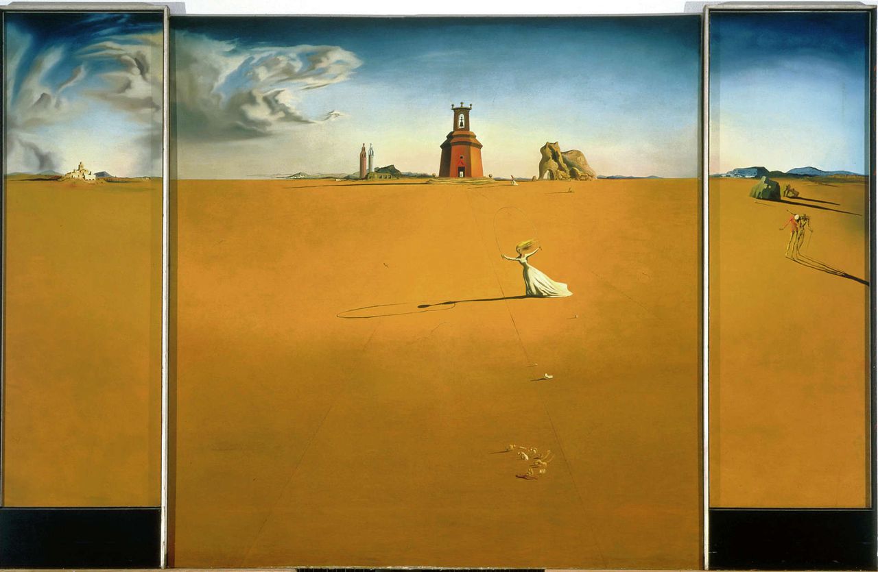 Salvador Dalí, ‘Schilderij’ (Landschap met touwtjespringend meisje), (1936, olieverf op doek, 301,4 x 466,5 x 10,5 cm). Salvador Dalí met Renilde Hammacher tijdens de opening van de Dalí-expositie, 20 november 1970 in Boijmans Van Beuningen.