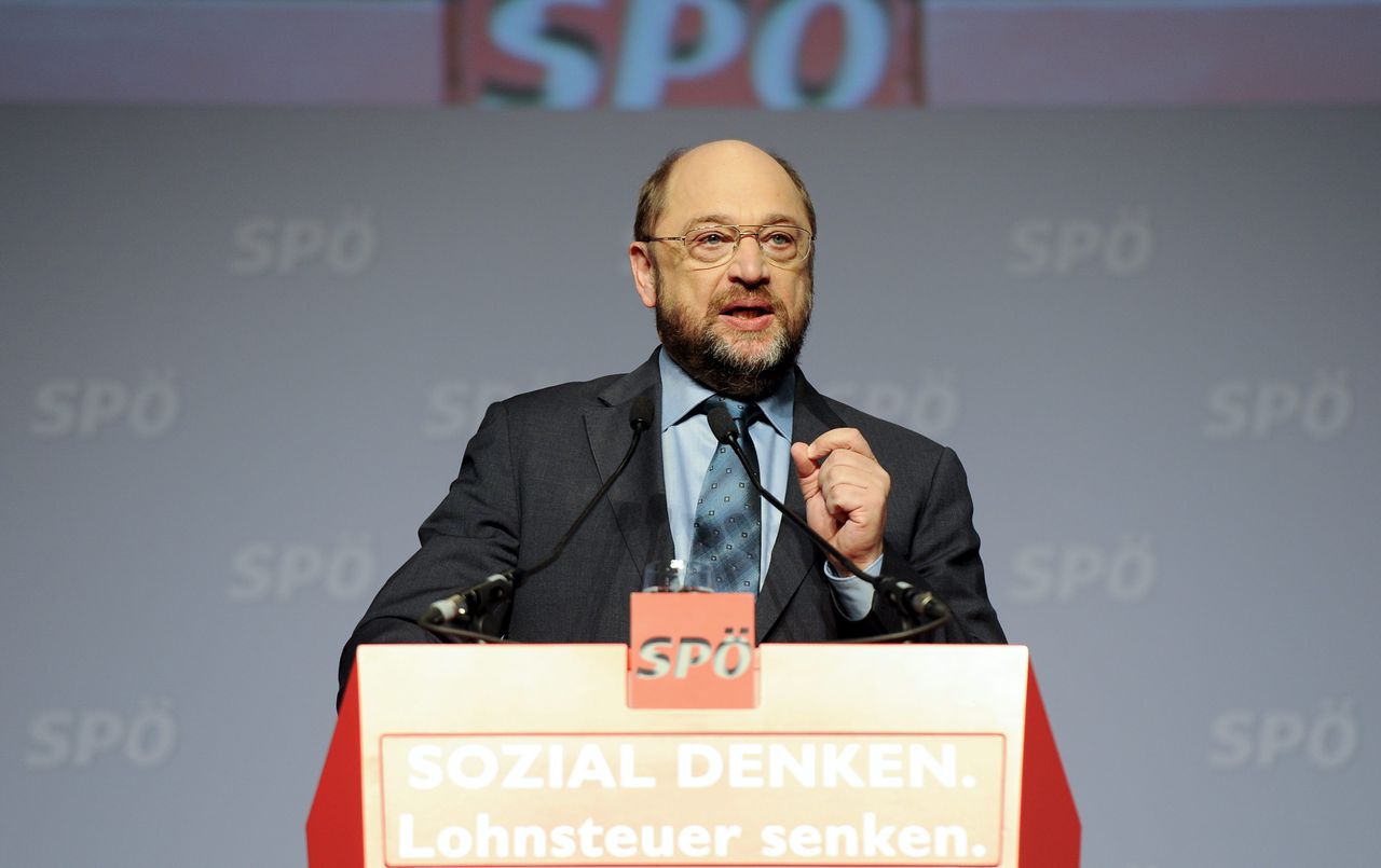 Voorzitter van het Europees Parlement Martin Schulz, hier sprekend op de partijconferentie van de sociaaldemocraten in Oostenrijk.