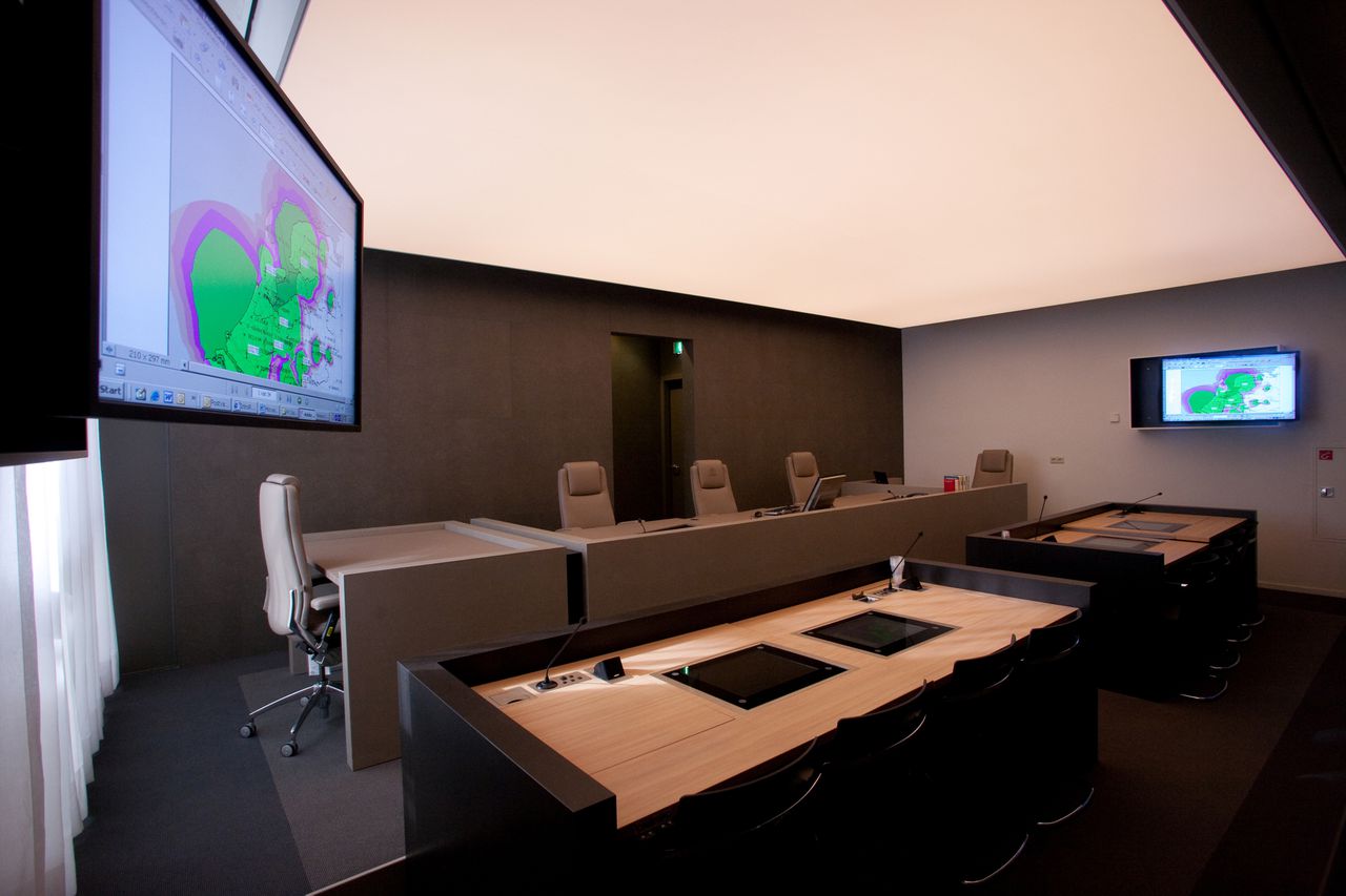 De digitale rechtszaal waarmee de rechtbank in Rotterdam momenteel experimenteert. Foto Tom Pilzecker