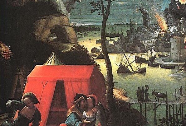Detail van het schilderij Lot en zijn dochters (begin 16e eeuw) met op de achtergrond de verwoesting van Sodom.
