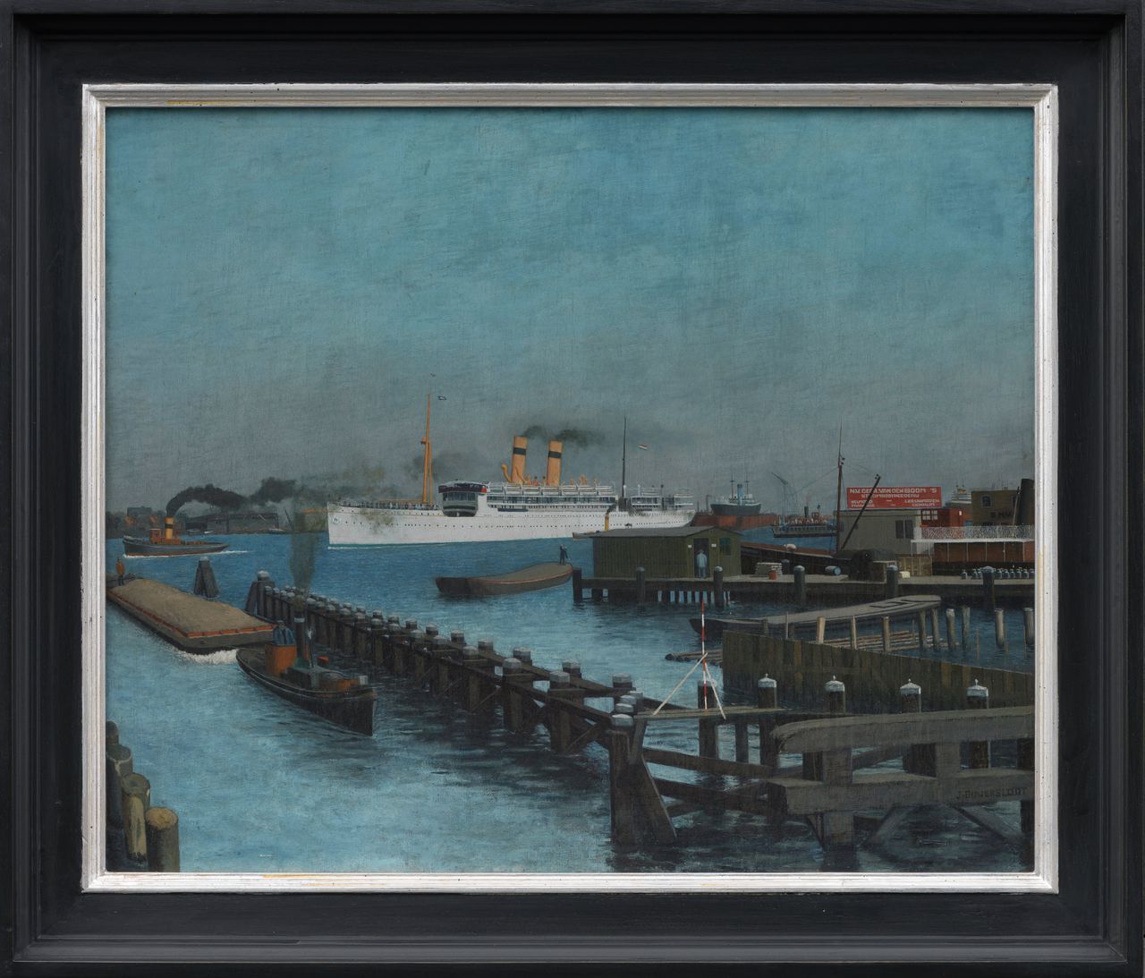 De oceaanstomer ‘Gelria’ eind jaren 20 van de vorige eeuw aan de De Ruyterkade in Amsterdam, geschilderd door Jan Ouwersloot (1902-1975).
