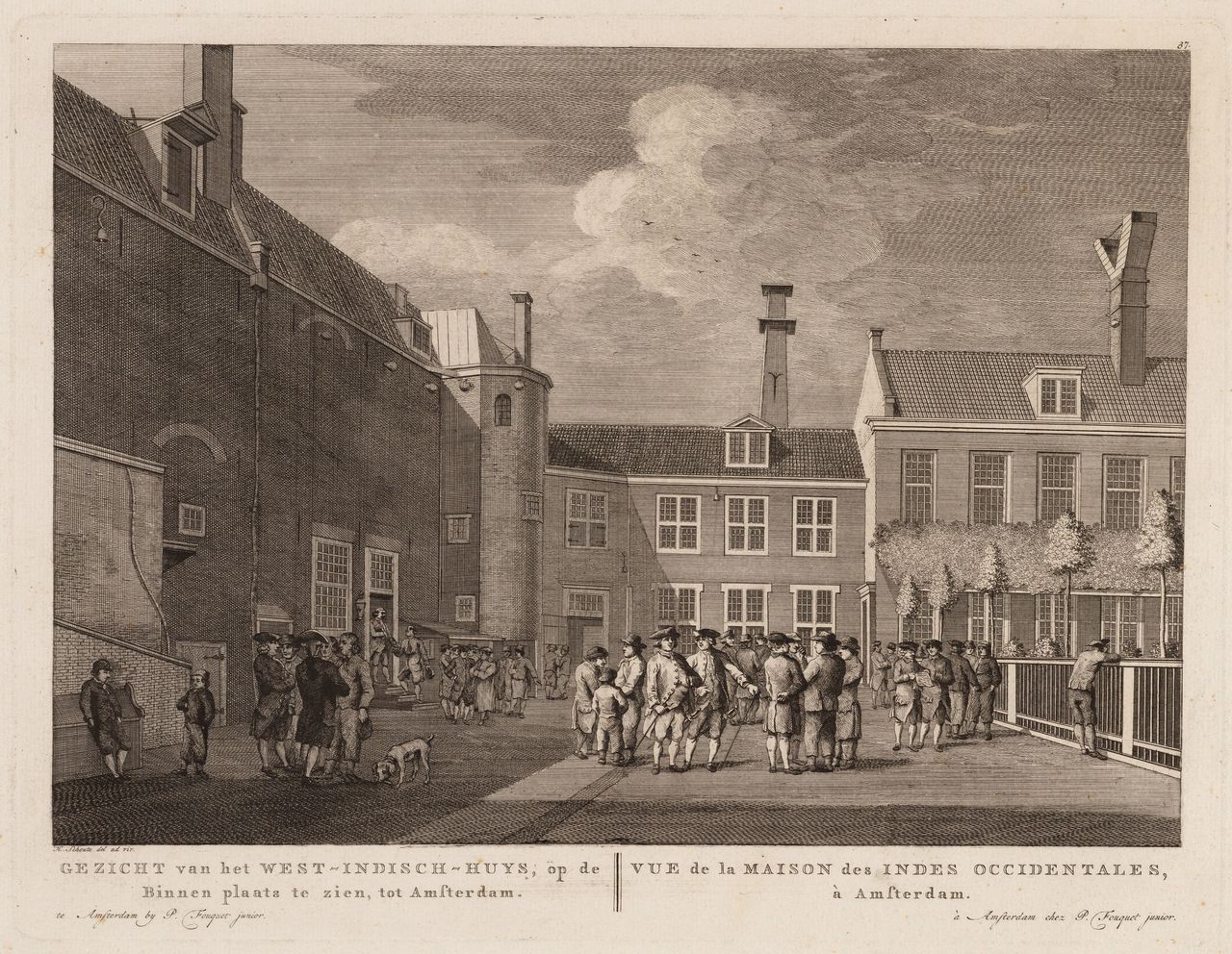 De binnenplaats van het West-Indisch Huis, waarvandaan schepen voor de slavenhandel uitgereed werden en de winsten uit de slavenhandel werden verdeeld. Prent van H.P. Schouten, circa 1760-1783