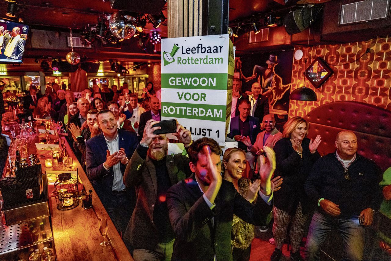 Partijleden van Leefbaar Rotterdam volgen in café Get Back de uitslagen van de gemeenteraadsverkiezingen
