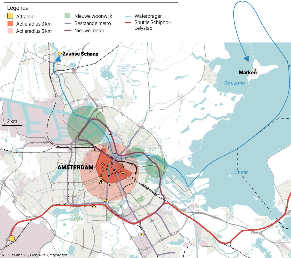 Voorstel voor een nieuwe metrolijn, shuttledienst en ‘waterdragers’ door de auteur