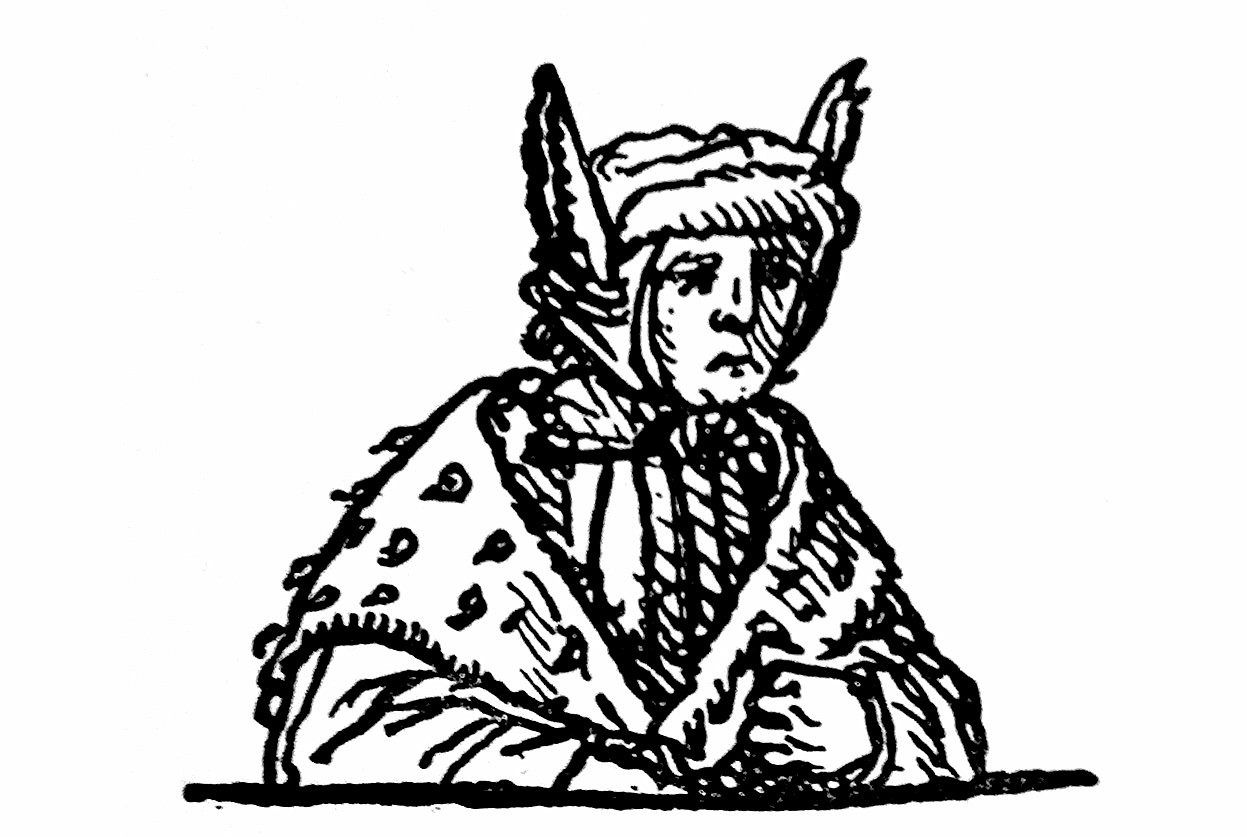 Pentekening uit een latere uitgave van Erasmus’ Lof der zotheid (oorspronkelijk verschenene in 1511), waarin hij spot met degenen die „aanspraak maken op den titel van wijzen en als apen het purper en als ezels in de leeuwenhuid rondwandelen”.
