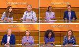 Op1 presenter duo (Not Quite) clockwise, from top left: Fidan Ekes and Jort Kjelder (WNL), Giovanca Ostiana and Thijs van den Brink (EO), Natasja Gibbs and Amber Kurtzorg in the final episode of BNNVARA, Charles Groenehuizen and Ellis De Bruin (Omrup Max).