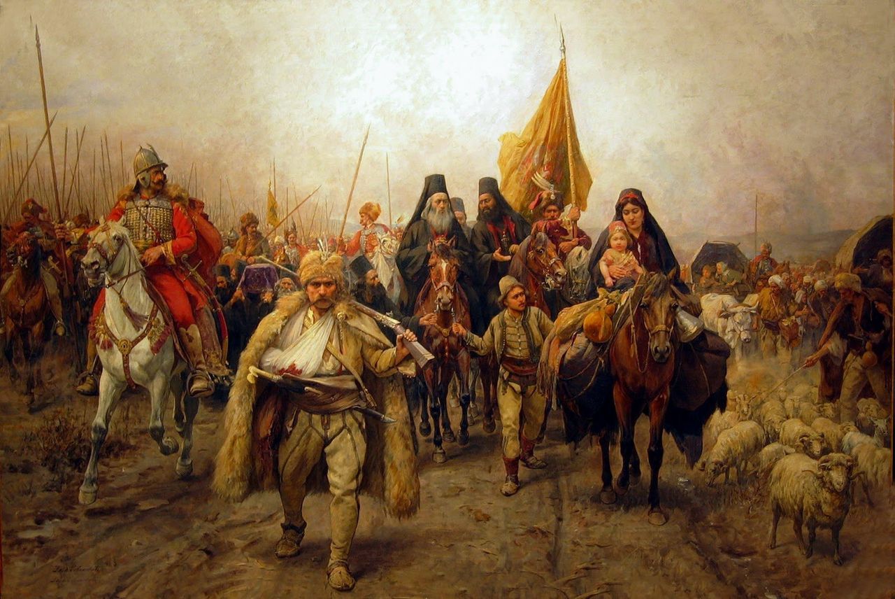 Schilderij van Paja Jovanovic uit de 19de eeuw, waarin de vlucht van het Servische volk na een mislukte revolte in 1690-91 wordt afgebeeld. De schutter in Christchurch grijpt in zijn uitlatingen graag terug op de helden van extreem-rechts uit de Servische geschiedenis.