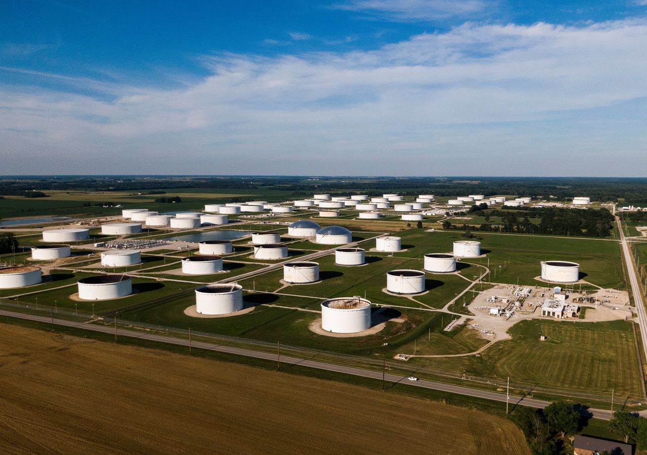Een luchtfoto van een olieopslagplaats in de Amerikaanse staat Illinois.