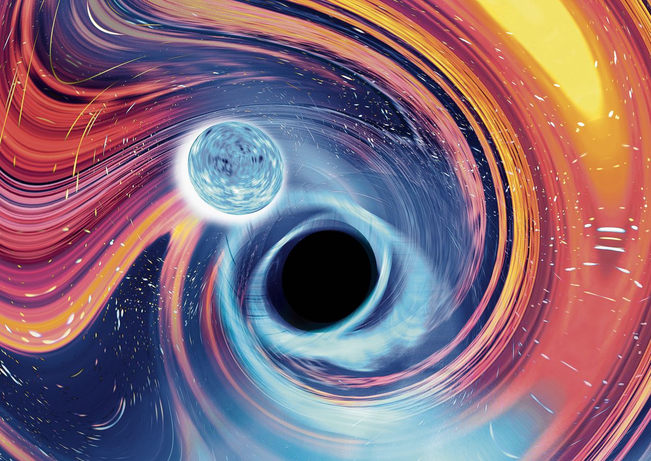 Impressie van een botsing tussen een zwart gat en een neutronenster.