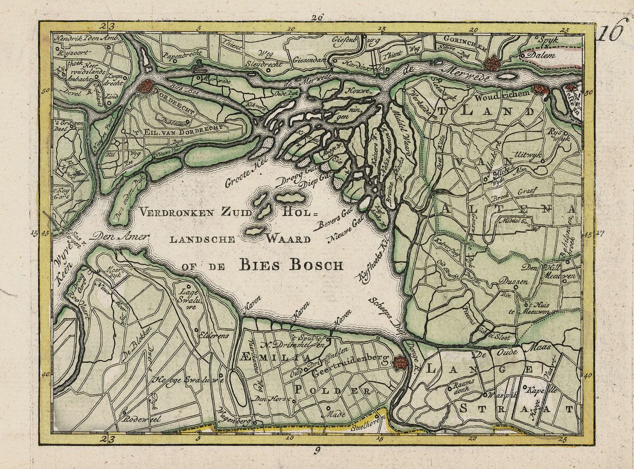 De Biesbosch op Kaartblad 16 uit de Nederlandsche Reise- en Zakatlas anno 1773 van Jan Christiaan Sepp te Amsterdam, een van de eerste reisgidsen door Nederland.