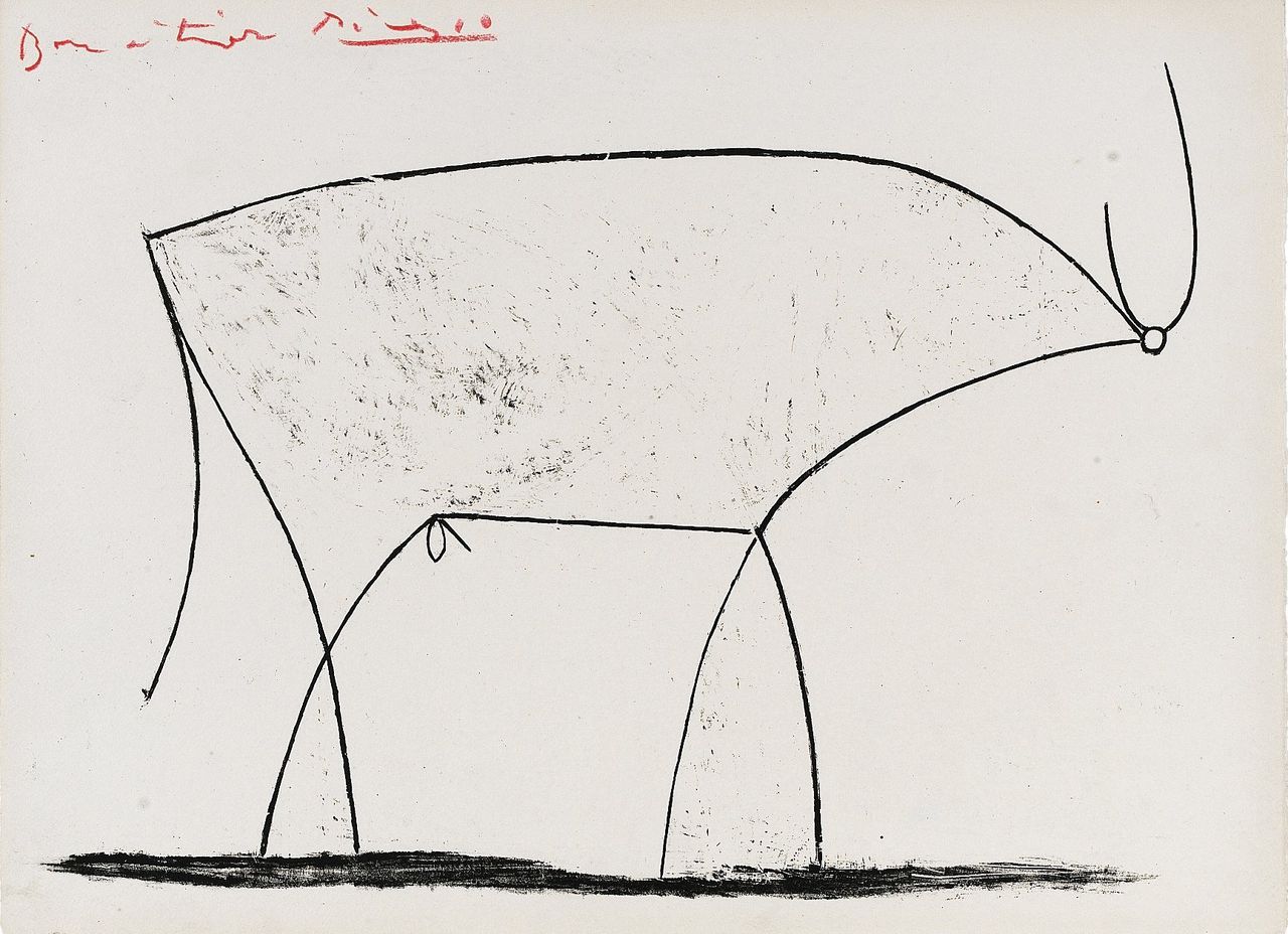 Pablo Picasso, ‘De Stier’, 1946. In elf litho’s kleedde Picasso in 1945 en 1946 stapsgewijs de beeltenis van een stier uit tot de meest essentiële lijnen. De beeltenis blijft geloofwaardig en intussen hebben de spaarzame lijnen een eigen verbeeldingskracht.