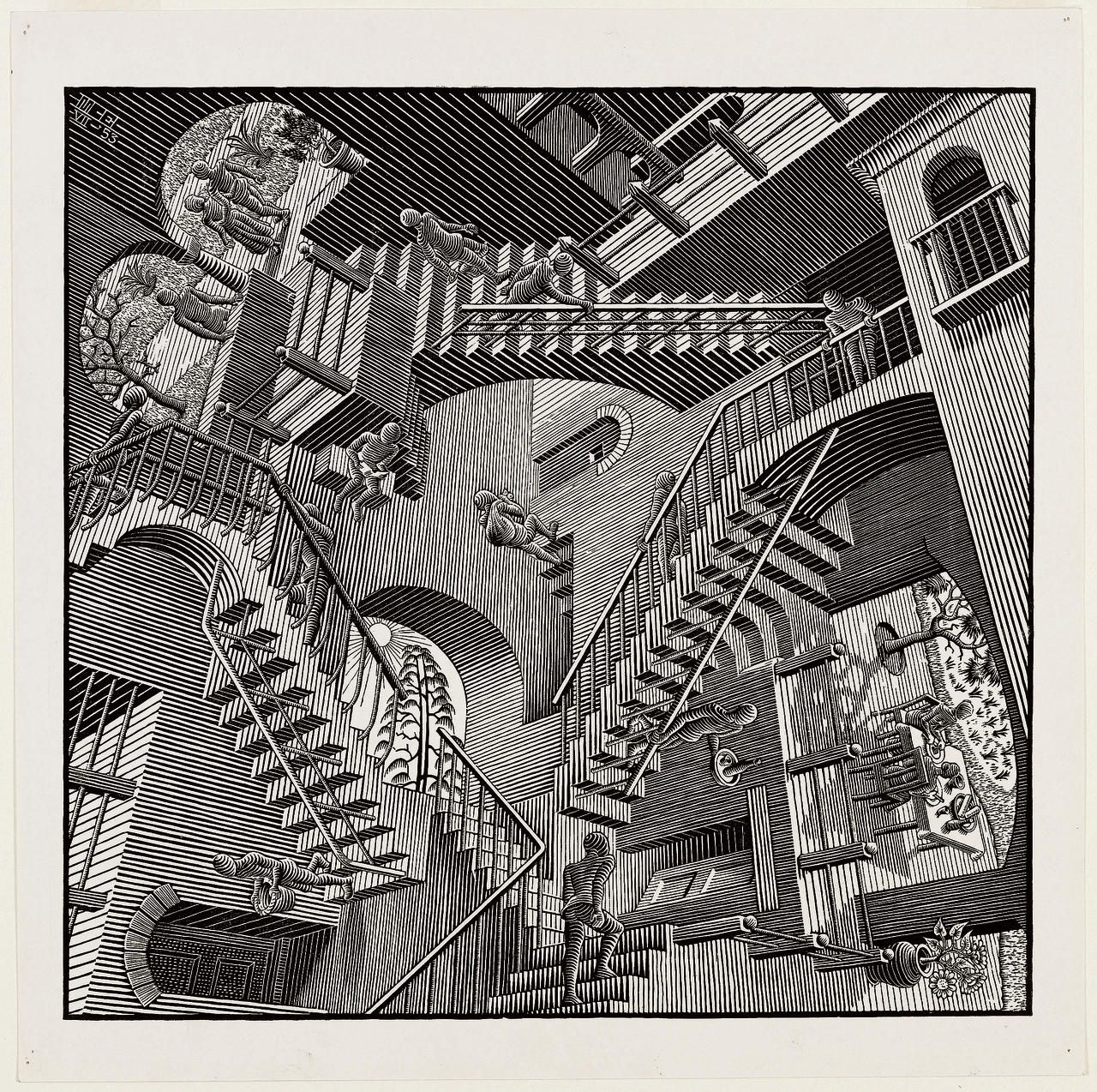 M.C. Escher: Relativiteit (Relativity), houtsnede (woodcut), 1953