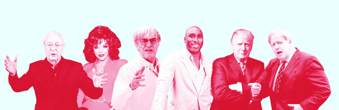Voor een Brexit, van links naar rechts: acteur Michael Caine, actrice Joan Collins, F1-baas Bernie Ecclestone, oud-profvoetballer Sol Campbell, presidentskandidaat Donald Trump, oud-burgemeester van Londen Boris Johnson.