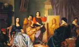 Leonardo da Vinci werkt aan de Mona Lisa, op een voorstelling van Cesare Maccari (1840-1919).