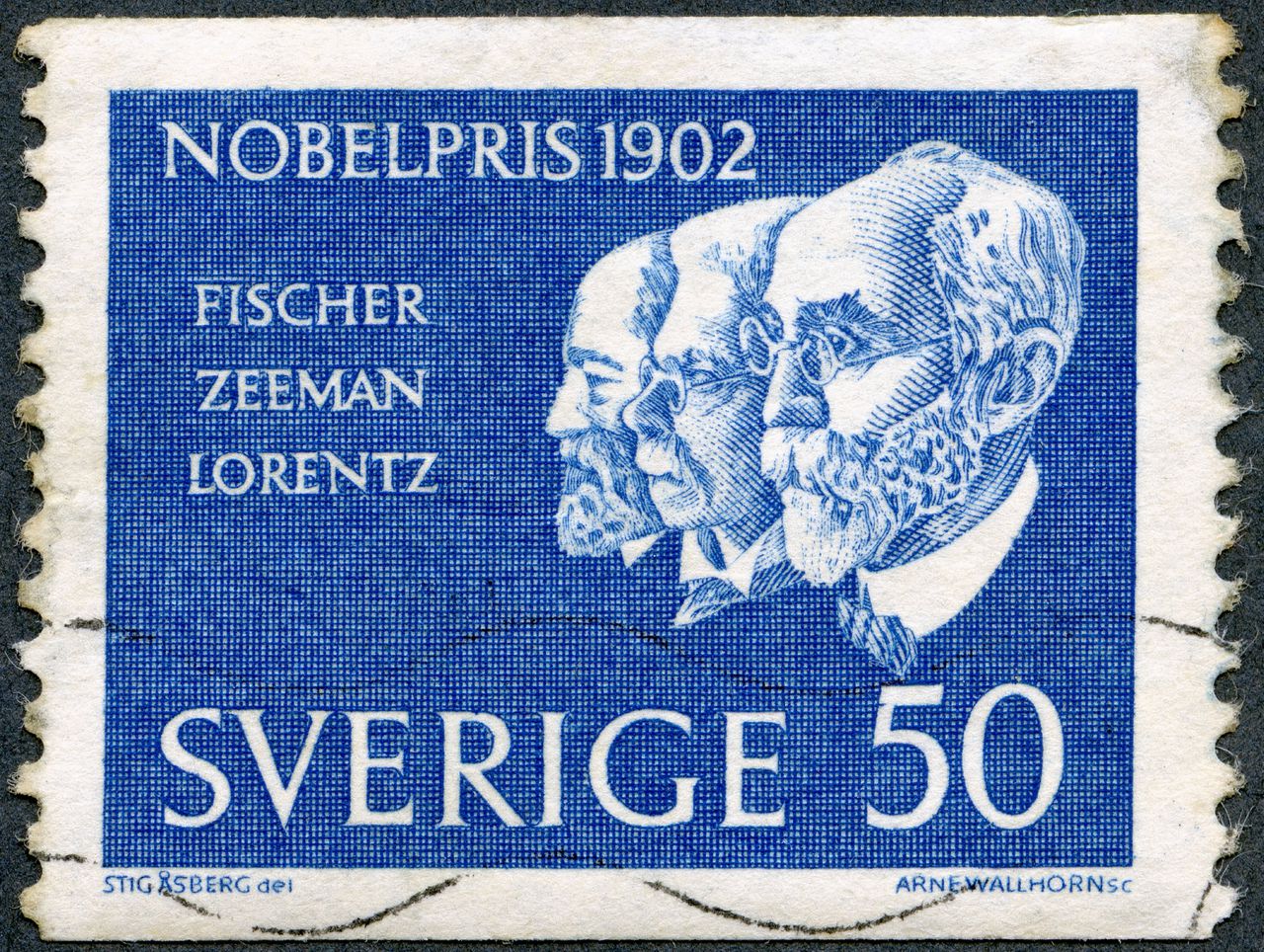 Postzegel die in Zweden verscheen ter gelegenheid van de Nobelprijs voor de Natuurkunde in 1902.