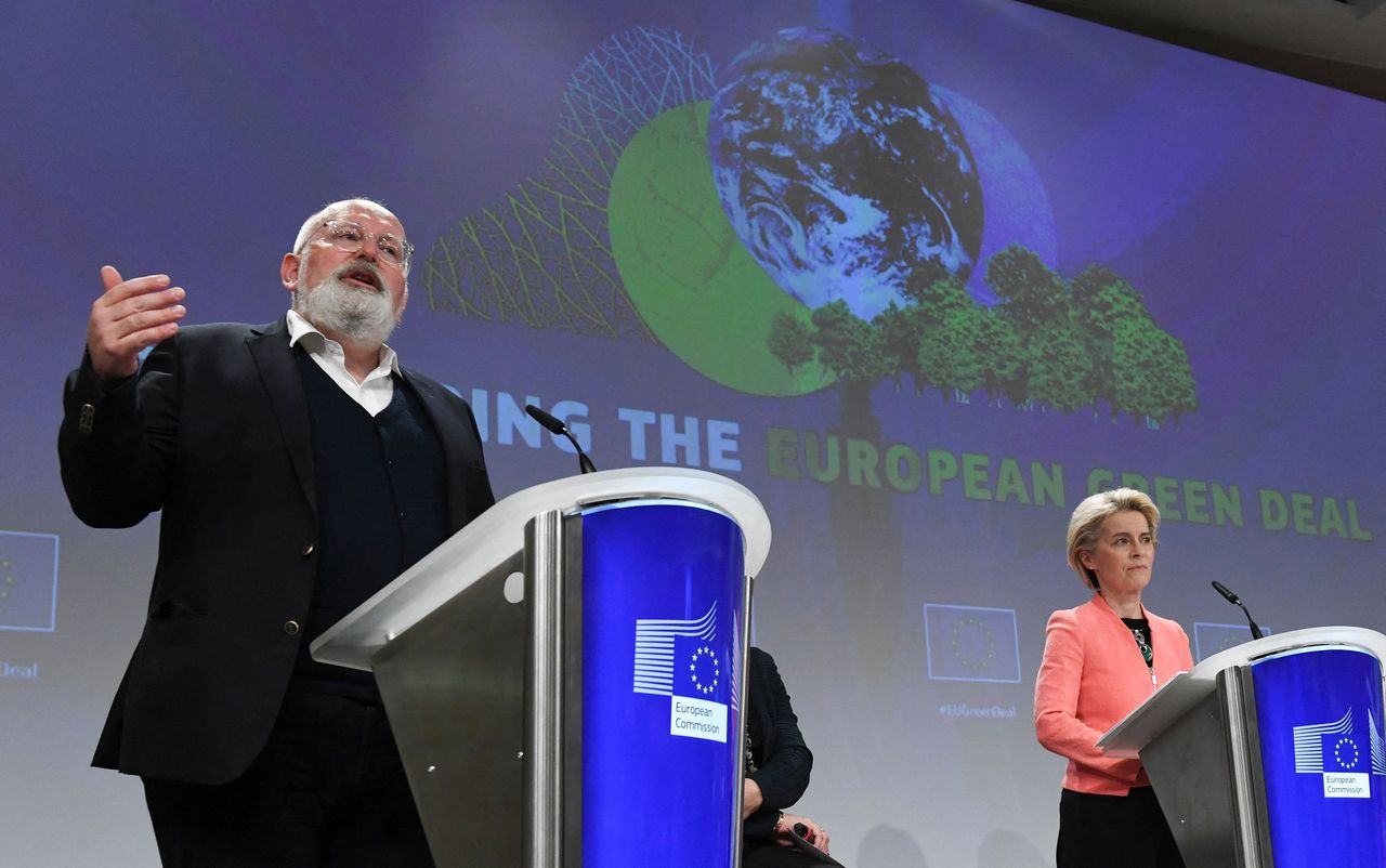 Eurocommissaris Frans Timmermans en voorzitter van de Europese Commisse Ursula von der Leyen bij de presentatie van de klimaatplannen.