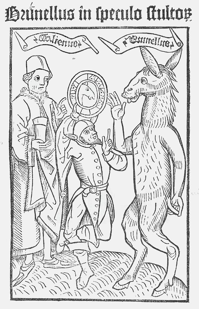 Houtsnede van de betweterige ezel Burnellus (rechts), uit een editie (1490) van de Speculum Stultorum, de ‘Dwazenspiegel’, van de monnik Nigel of Longchamp.