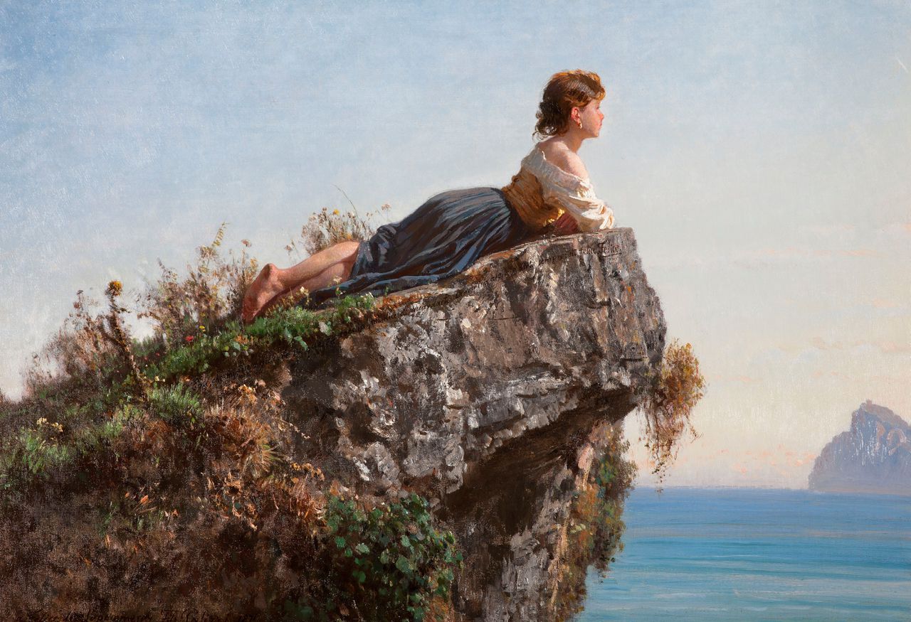 Filippo Palizzi, Meisje op een rots in Sorrento, 1871. Olieverf op doek, 54,8 x 79,5 cm.