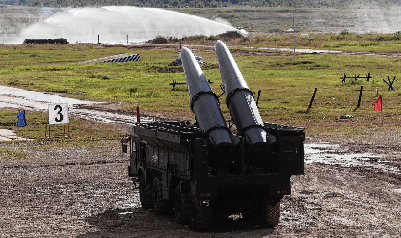 Een mobiele lanceerinstallatie voor Russische Iskander-M-raketten. Deze ballistische raketten met een bereik tot 500 kilometer kunnen ook met een kernkop worden uitgerust.