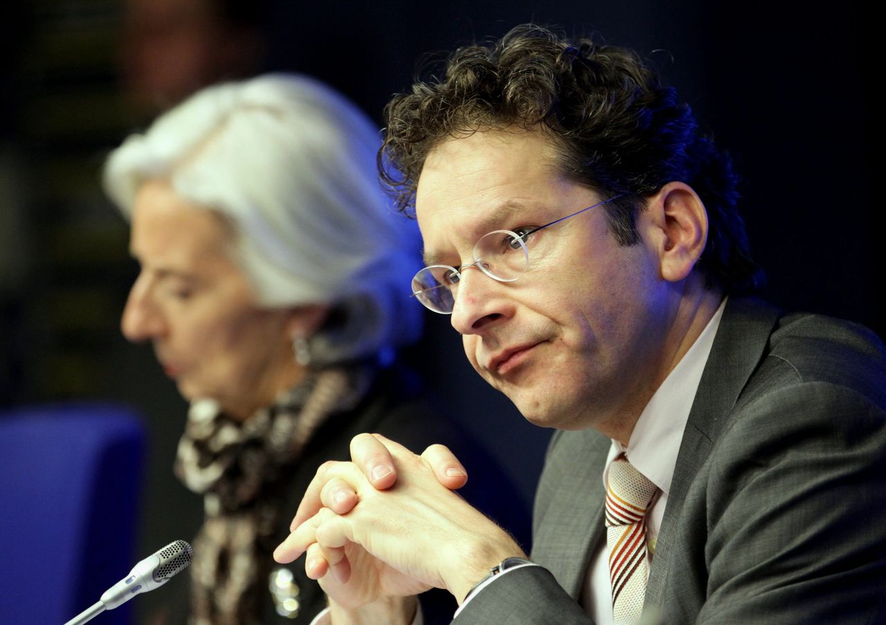 Jeroen Dijsselbloem (als voorzitter van de Europgroep) en Christine Lagarde (als IMF-directeur) op een persconferentie in 2013.