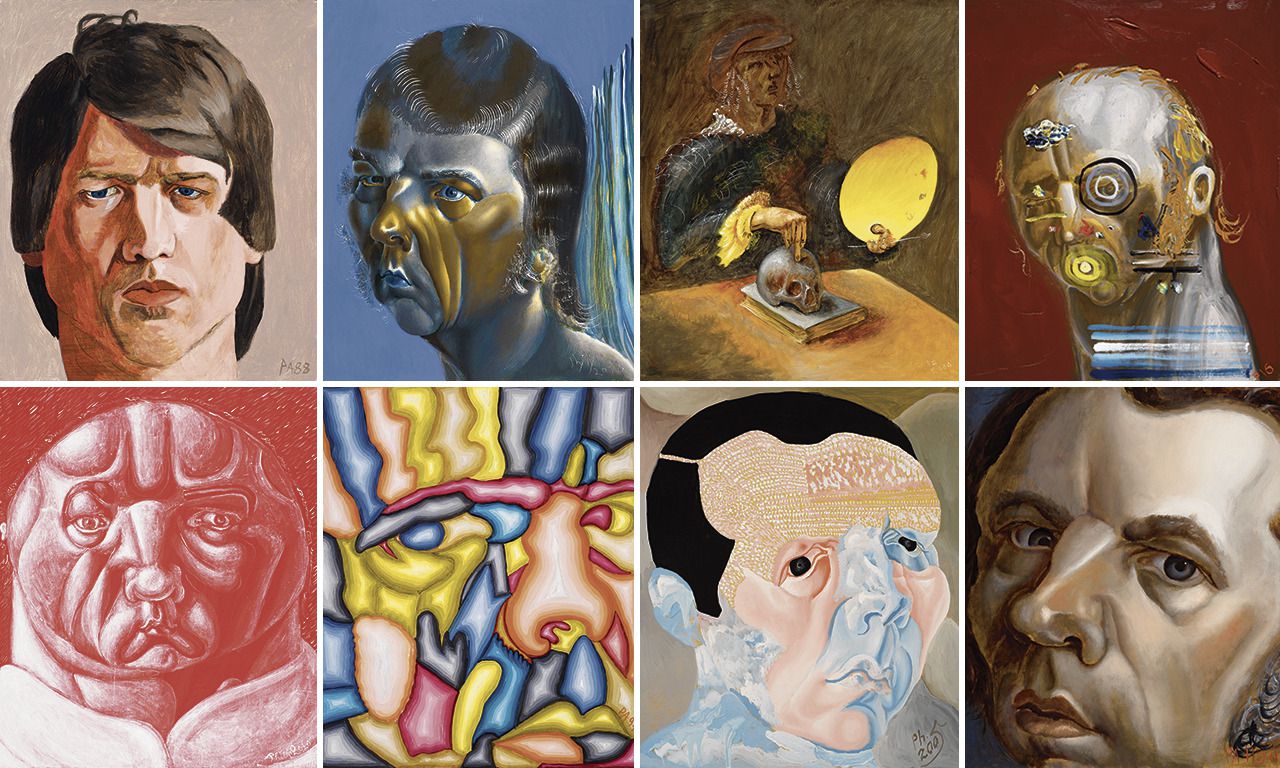 Acht van de duizenden zelfportretten van Philip Akkerman (montage).