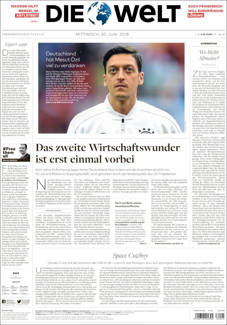 De voorpagina van Die Welt van woensdag.