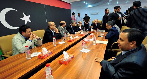 Caption: Prime Minister Abdul Raheem al-Keeb (C) is seen during a meeting with government ministers in Benghazi, April 28, 2012. Picture taken April 28, 2012. REUTERS/Esam Al-Fetori (LIBYA - Tags: POLITICS)