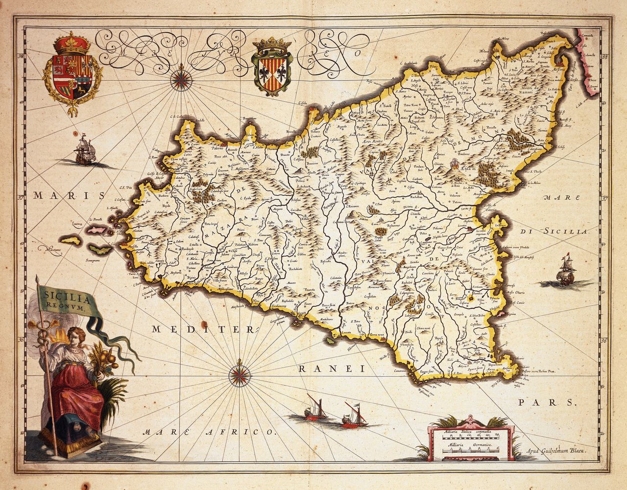 Kaart van Sicilië uit de 17de eeuw.Illustratie De Agostini via Getty Images