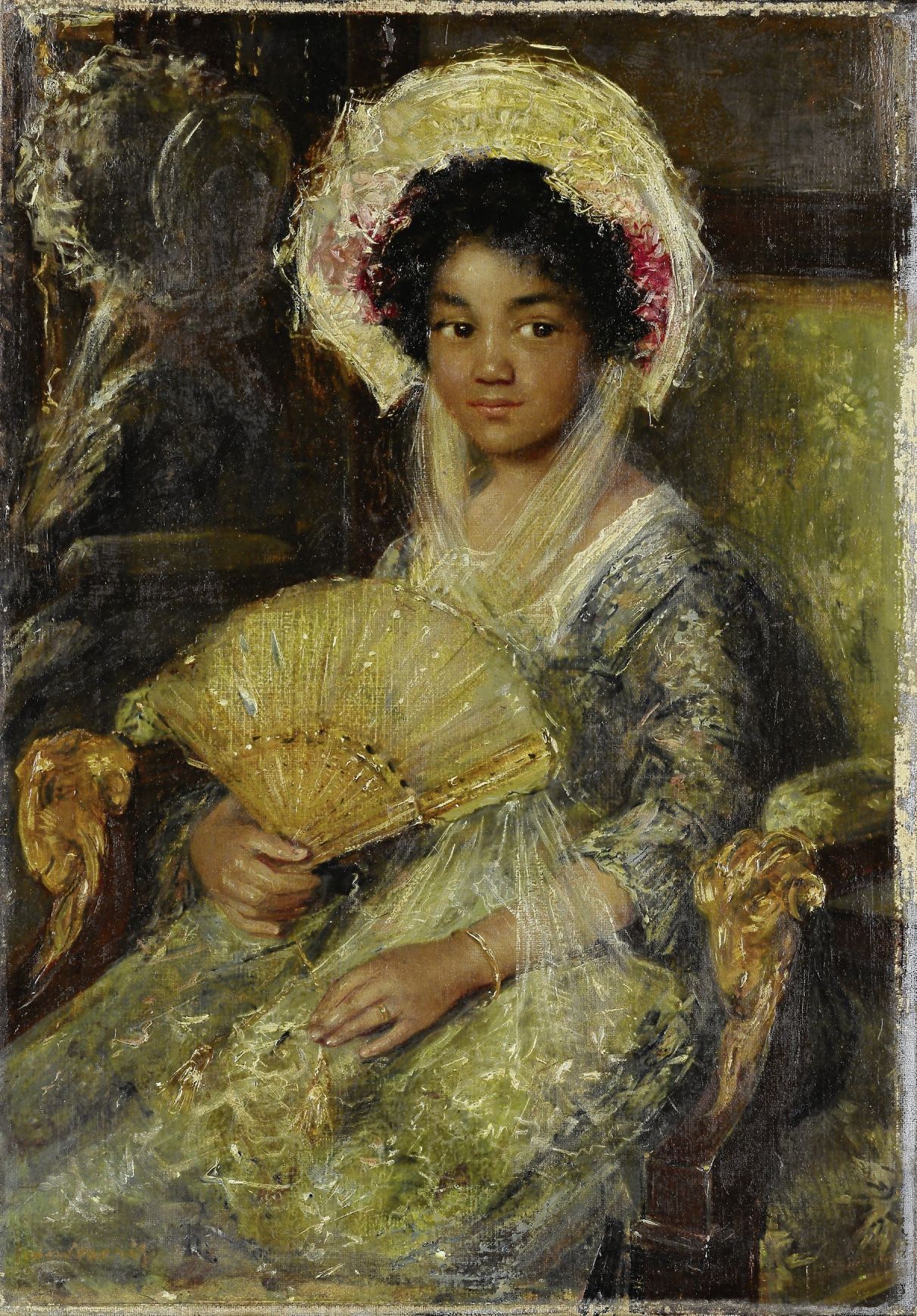 ‘Jonge vrouw met waaier’ van Simon Maris, datering 1895-1922. Voormalige titel: ‘Negerinnetje’. Beschrijving: ‘Een zittende jonge zwarte vrouw, met een kanten hoed op het hoofd en een waaier in de rechterhand.’