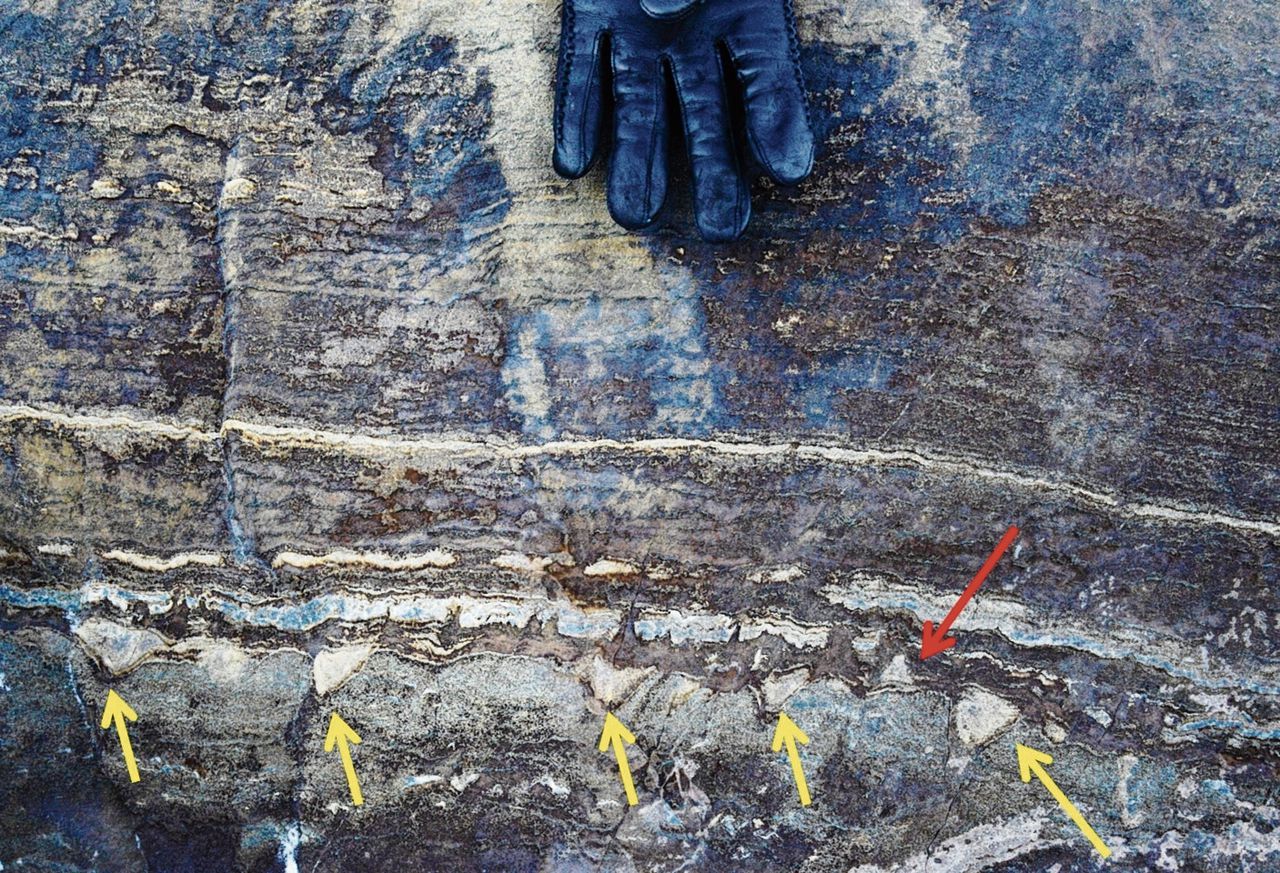 Sedimentlagen met kegel- en koepelvormige bulten in de Isua Greenstone Belt.