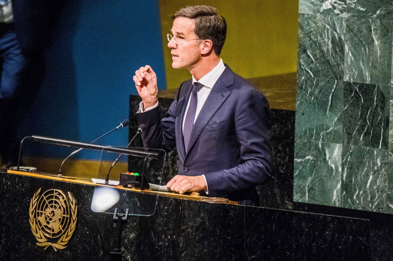 Premier Mark Rutte tijdens zijn speech in de Verenigde Naties tijdens de opening van de Algemene Vergadering.