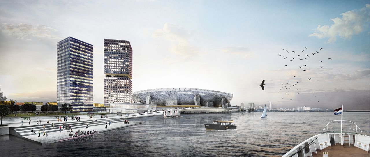 Tekeningen van het nieuwe Feyenoord-stadion en omgeving. Het stadion moet deels op de oever van de Maas worden gebouwd.