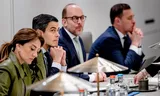 Dilan Yesilgöz, vicepremier en minister van Defensie, Premier Rob Jetten, Bart van den Brink, vicepremier en minister van Asiel en Migratie en Eelco Heinen, minister van Financiën tijdens een debat over de regeringsverklaring in de Eerste Kamer. BART MAAT