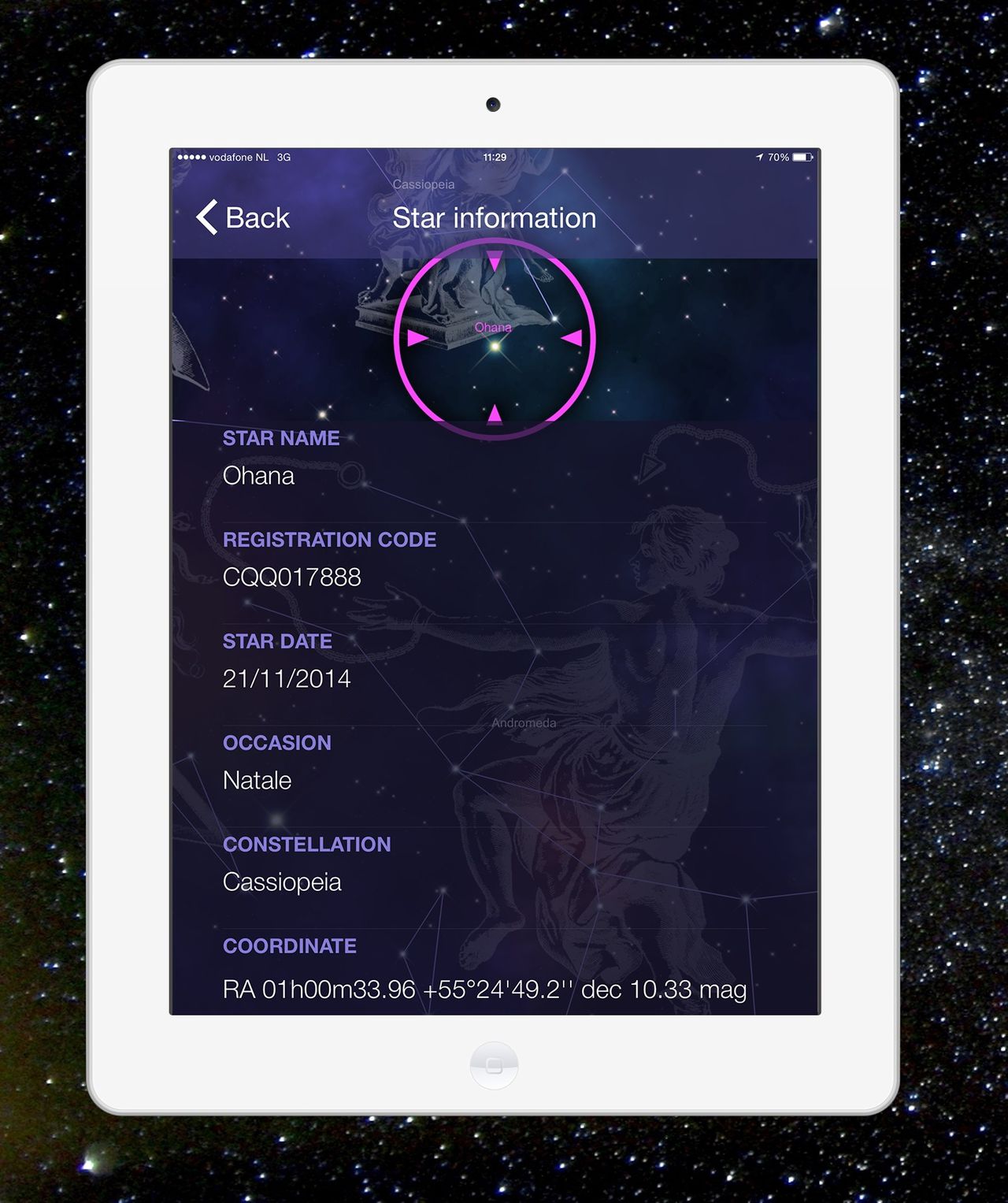 De app Star Finder op de iPad.