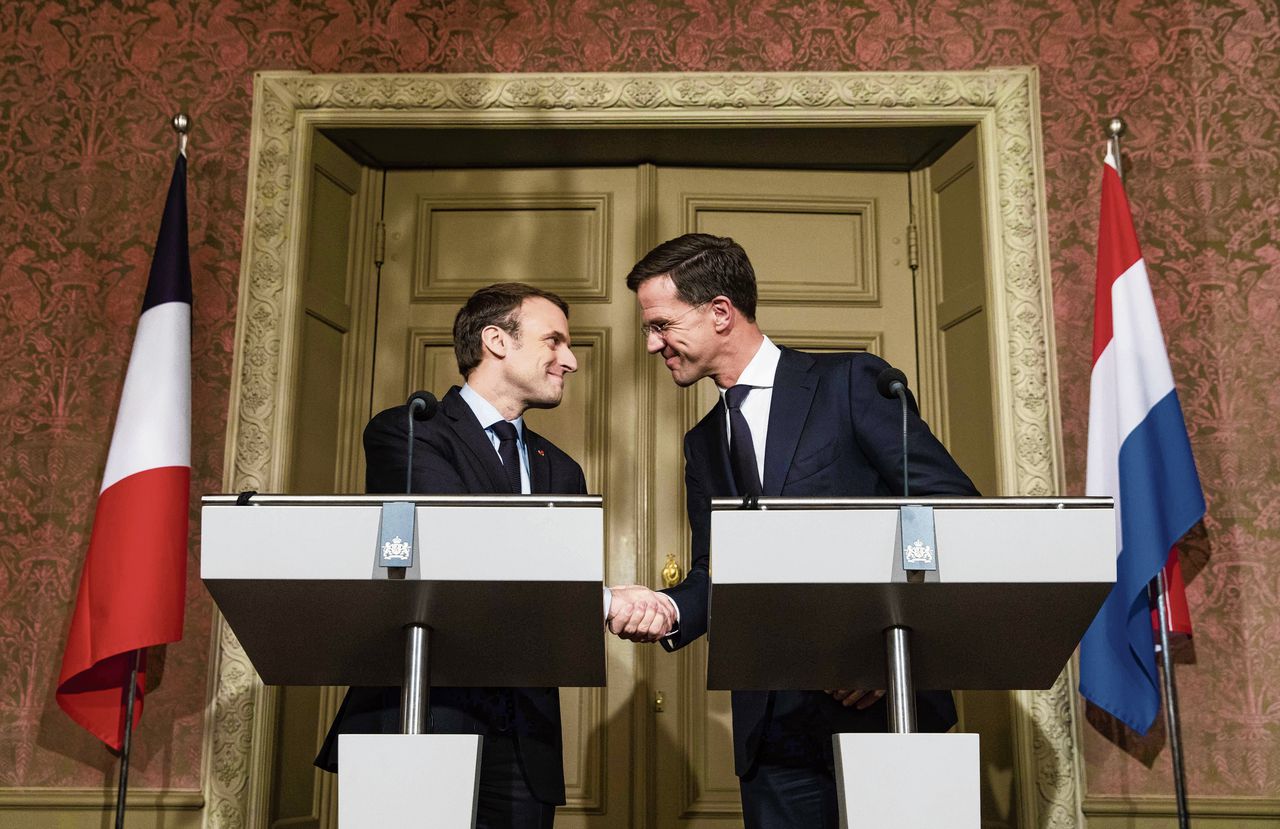 De Franse president Emmanuel Macron tijdens een bezoek aan premier Mark Rutte bij een vooroverleg op 21 maart in Den Haag