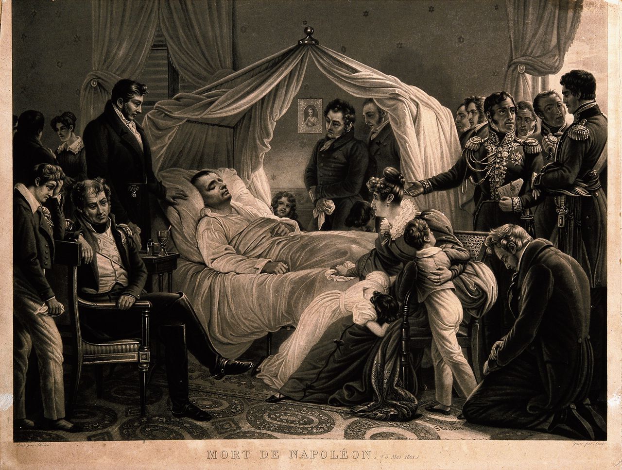 Napoleon op zijn sterfbed op het eiland Sint Helena. Lithografie naar een werk van Charles von Steuben.