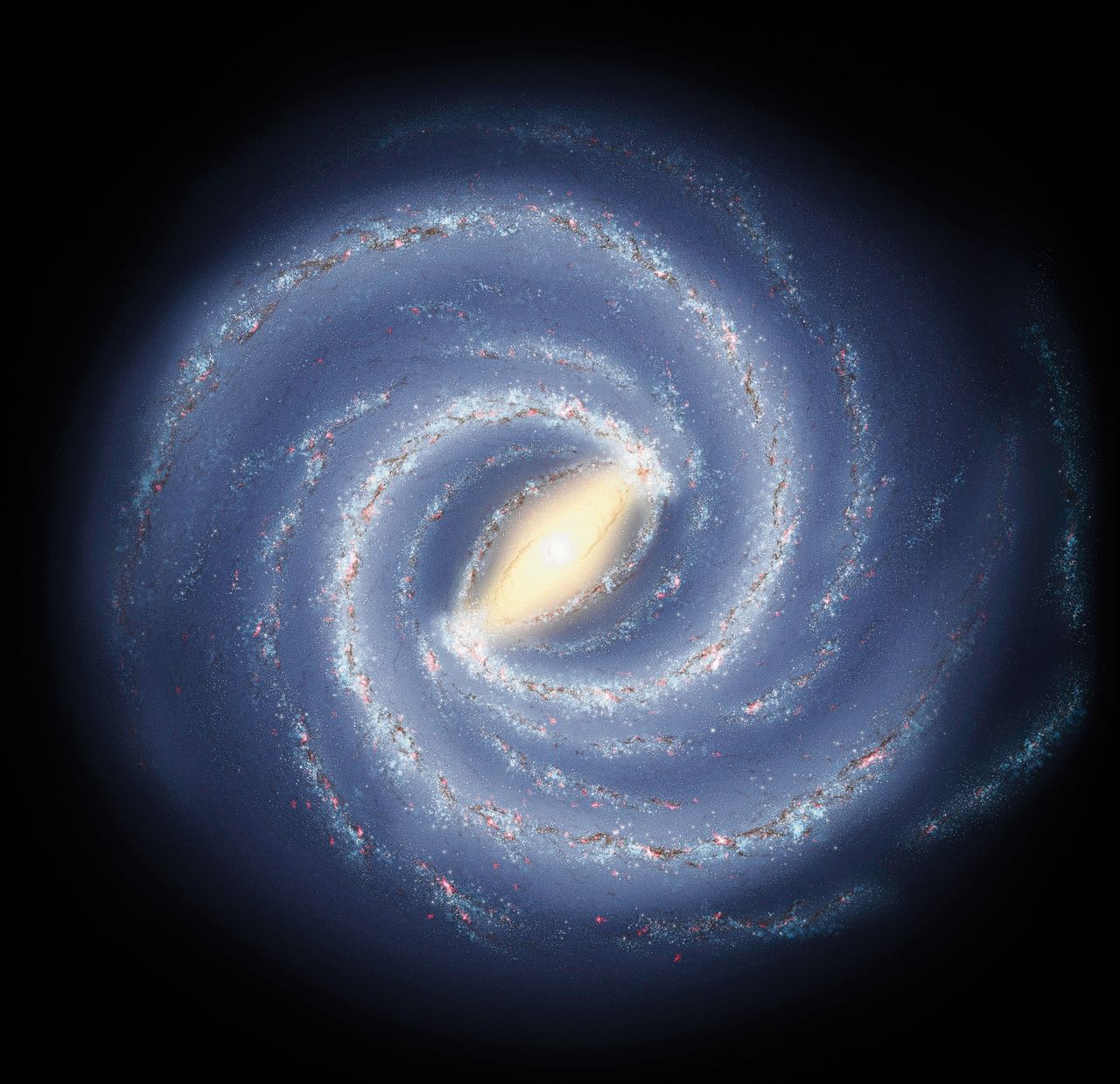 Impressie van de Melkweg, met in het midden de gigantische sterrenbalk.