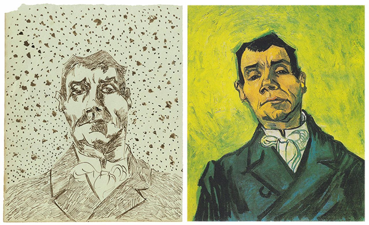 Een van twee portrettekeningen van Joseph-Michel Ginoux (1835-1902), de eigenaar van Café de la Gare in Arles, waar Van Gogh van half mei tot half september 1888 logeerde voor hij naar het Gele Huis vertrok. Voorstudies, concludeert Welsh, voor het geschilderde portret dat in bezit is van het Kröller-Müller Museum. In het schetsboek ook portretstudies van mevrouw Ginoux en Paul Gaugain, de Franse kunstenaar met wie Van Gogh een tijdje samenwoonde in het Gele Huis.